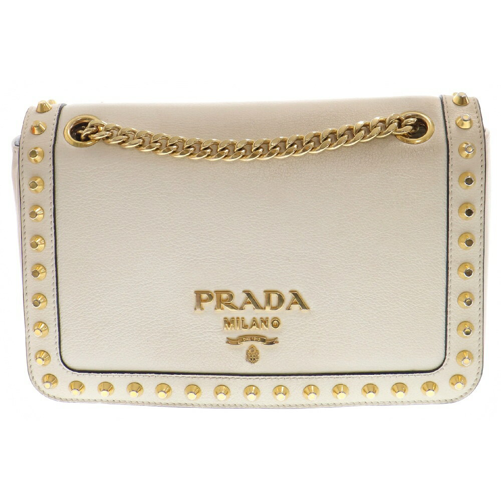 PRADA(プラダ) ロゴ スタッズ チェーンショルダーバッグ 1BD147 ホワイト レディース【中古】【程度B】【カラーホワイト】【取扱店舗新宿】