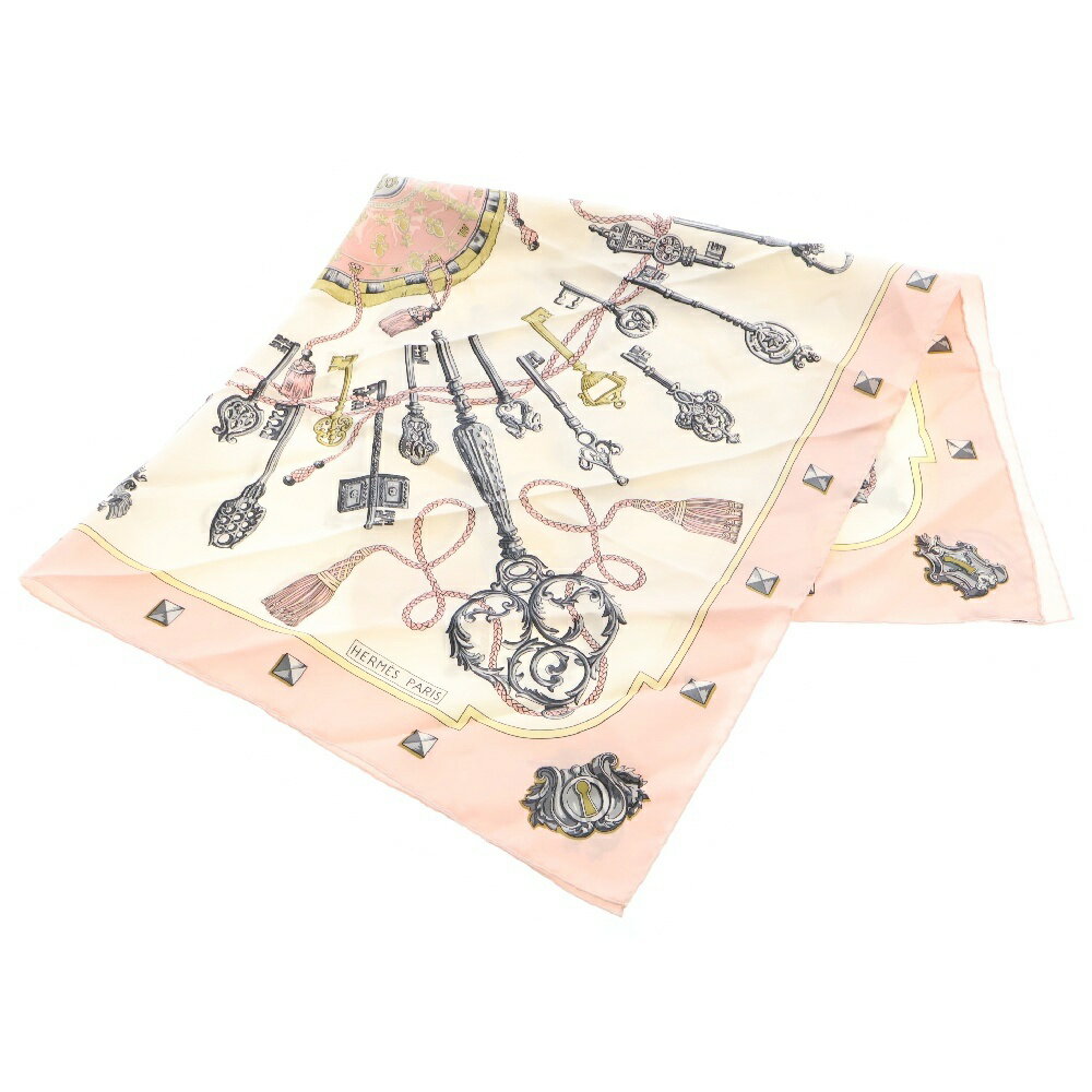 HERMES(エルメス) カレ90 LES CLES 鍵モチーフ シルク スカーフ ピンク×ホワイト【中古】【程度B】【カラーマルチカラー】【オンライン限定商品】