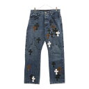 CHROME HEARTS(クロムハーツ) サイズ:33 JEAN SL FLEURKNEE クロスパッチ付きフレアニーステッチデニムパンツ インディゴ/ブラッ...