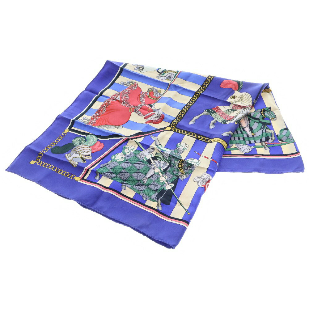HERMES(エルメス) カレ90 HELMES CHOCS EN PLUMES 羽飾りの激突 騎士 シルク スカーフ【中古】【程度B】【カラーブルー】【オンライン限定商品】
