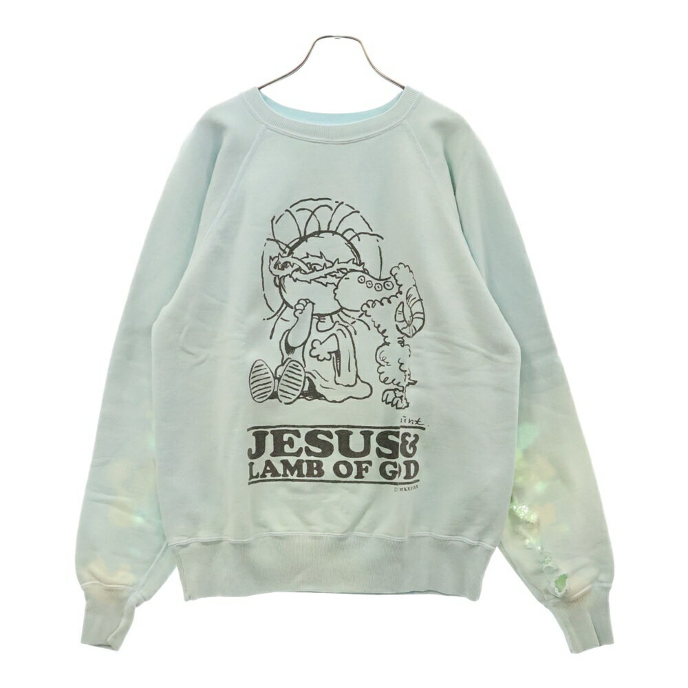 SAINT MICHAEL(セントマイケル) サイズ:S 23AW CREW N SWEAT JESUS ダメージ加工 クルーネックスウェットトレーナー ブルー SM-A23-0000-024【中古】【程度B】【カラーブルー】【取扱店舗BRING渋谷ANNEX店】