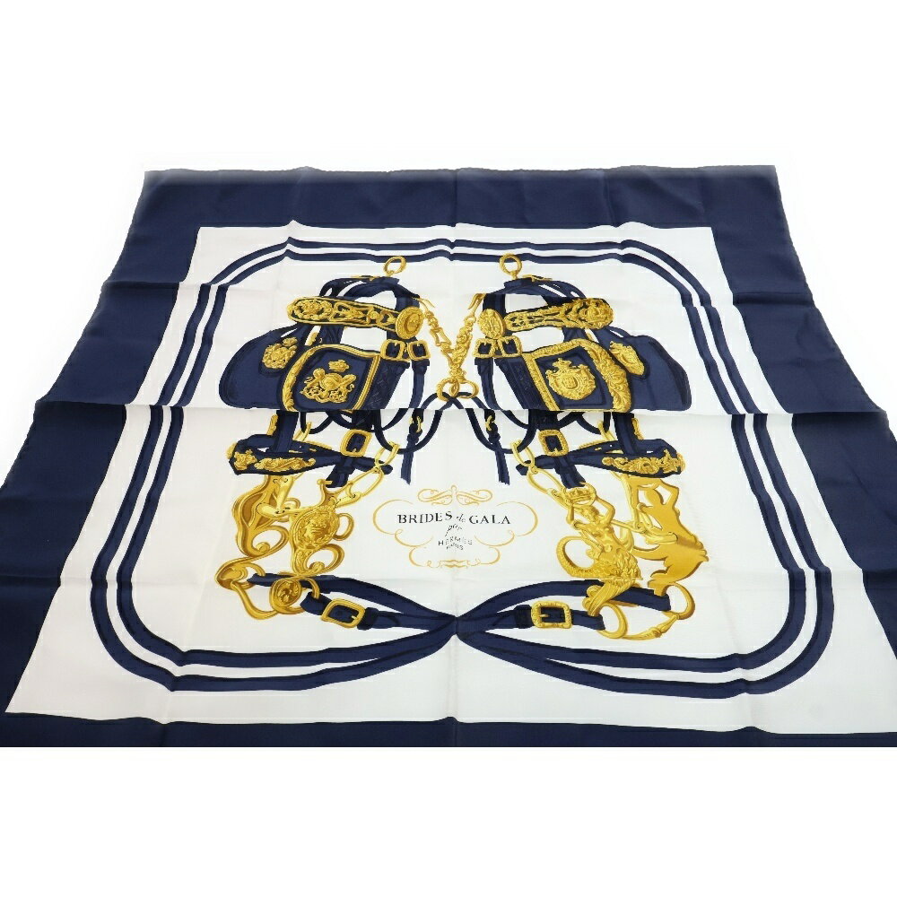 HERMES(エルメス) カレ90 BRIDES de GALA 式典用の馬勒 スカーフ ネイビー×ホワイト シルク【中古】【程度A】【カラーネイビー】【オンライン限定商品】