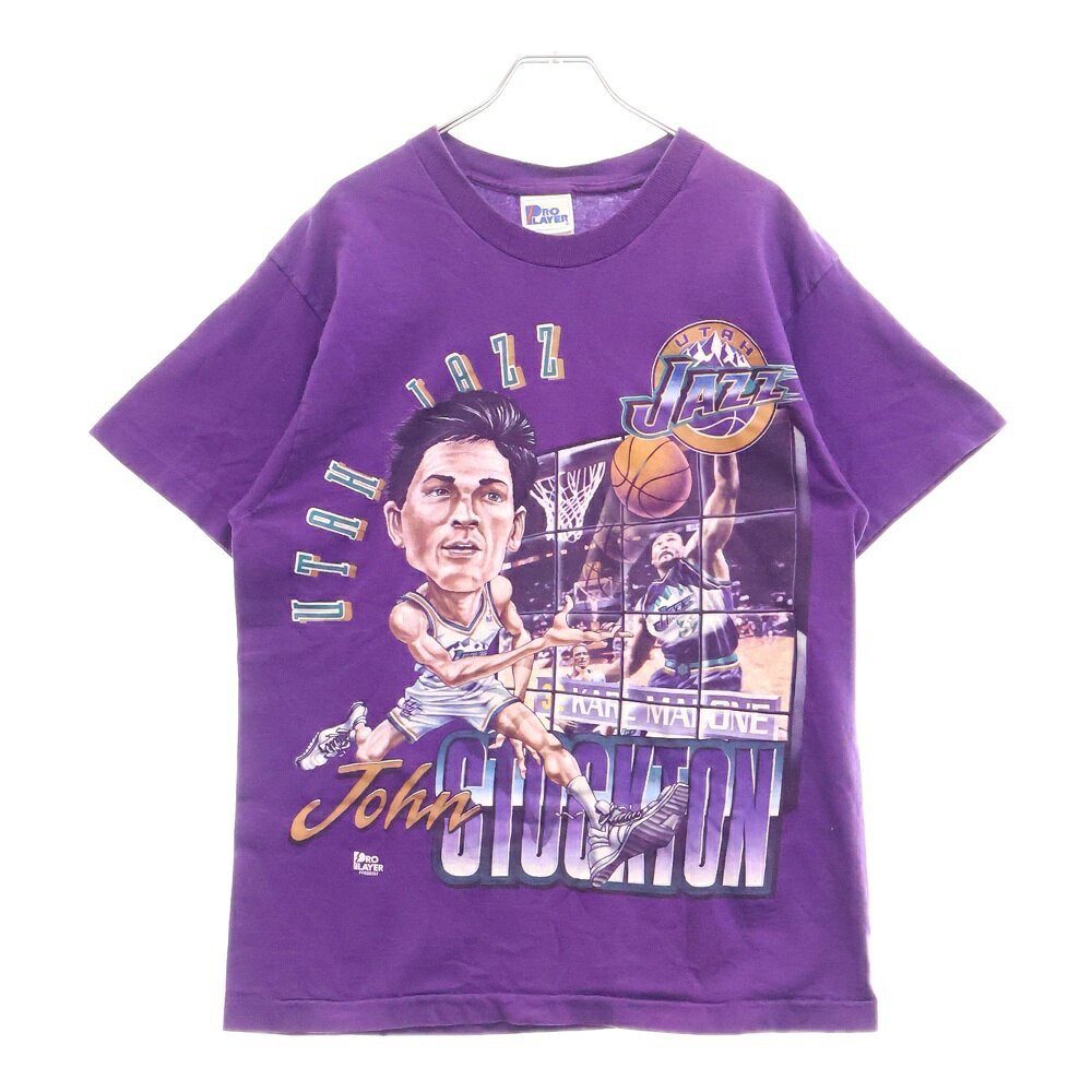 VINTAGE(ヴィンテージ) サイズ:M 90S VINTAGE JAZZ JOHN STOCKTON PRO PLAYER ジャズ ジョンストックトン USA製 フロントプリント クルーネック 半袖Tシャツ カットソー パープル
