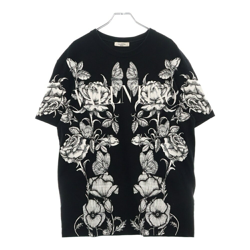 VALENTINO(ヴァレンチノ) サイズ:M フロントロゴ フラワーデザイン 半袖Tシャツ カットソー ブラック WV3MG10V7LL【中古】【程度A】【カラーブラック】【オンライン限定商品】