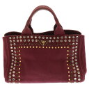 PRADA(プラダ) カナパトート ビジュー スタッズ キャンバス 2WAY ショルダーバッグ ハンドバッグ バーガンディ B24390【中古】【程度B】【カラ...