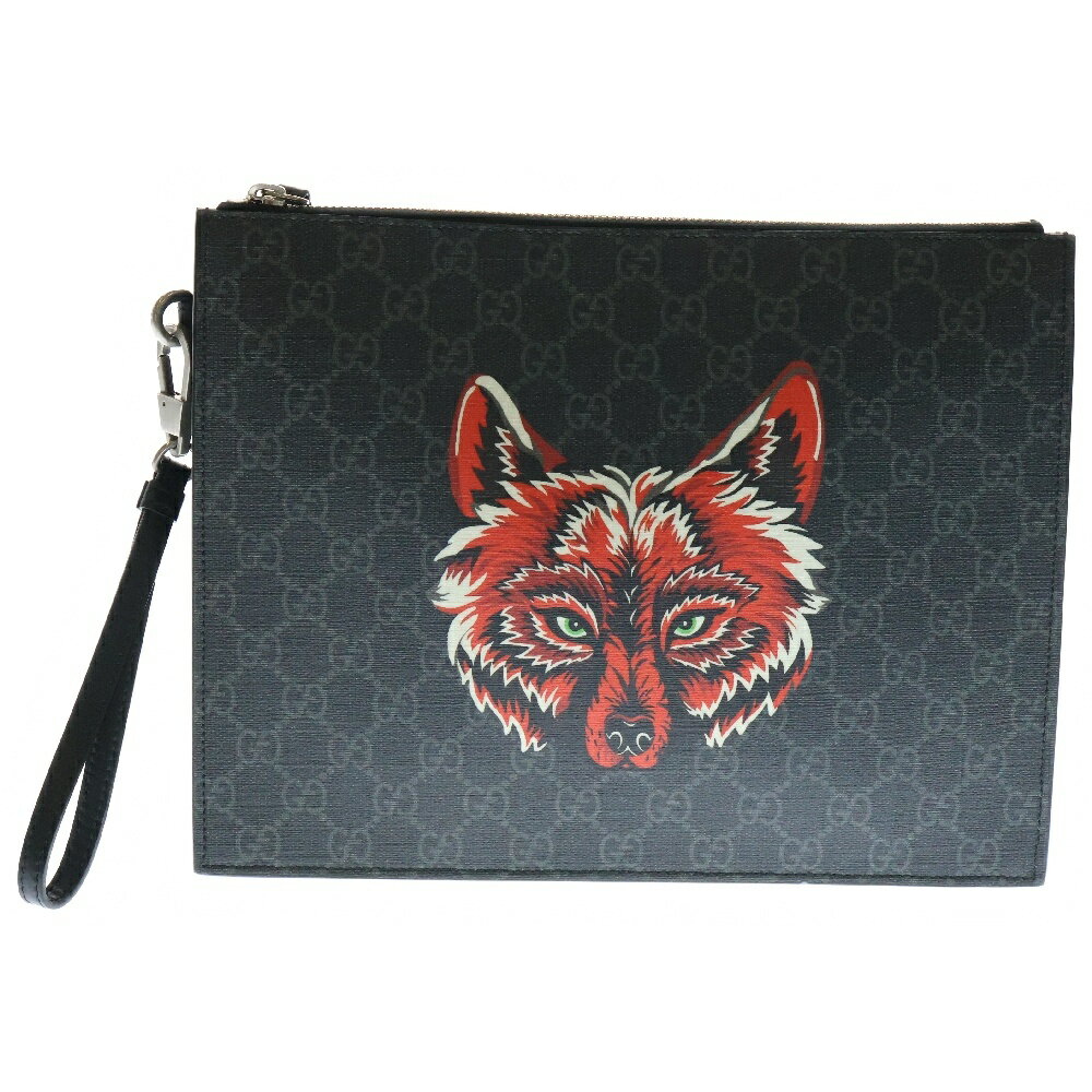 GUCCI(グッチ) GGスプリーム クラッチバッグ ウルフズヘッド 黒 PVC×レザー セカンドバッグ 547084【中古】【程度A】【カラーブラック】【取扱店舗WASTE_NOT名古屋店】