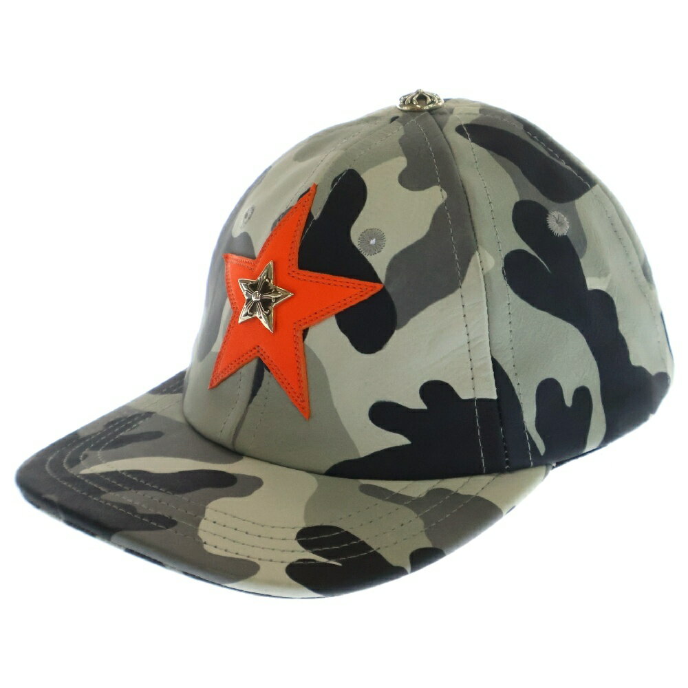 CHROME HEARTS(クロムハーツ) サイズ:OS STR CAMO LEATHER CAP スターパッチ カモ レザーキャップ 帽子 グレー/オレンジ【...