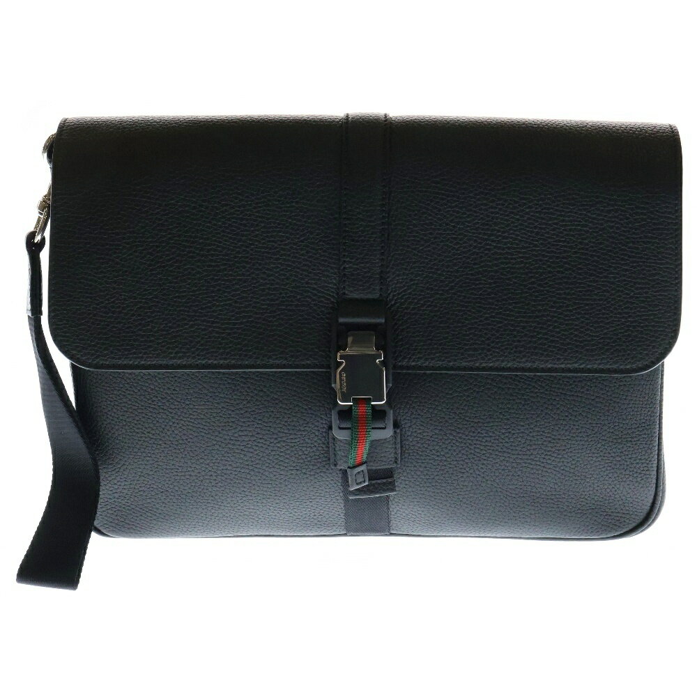 GUCCI(グッチ) ウェブ ストライプ付き ミディアム ビジネスケース 黒 レザー セカンドバッグ 816755【中古】【程度A】【カラーブラック】【取扱店舗WASTE_NOT名古屋店】