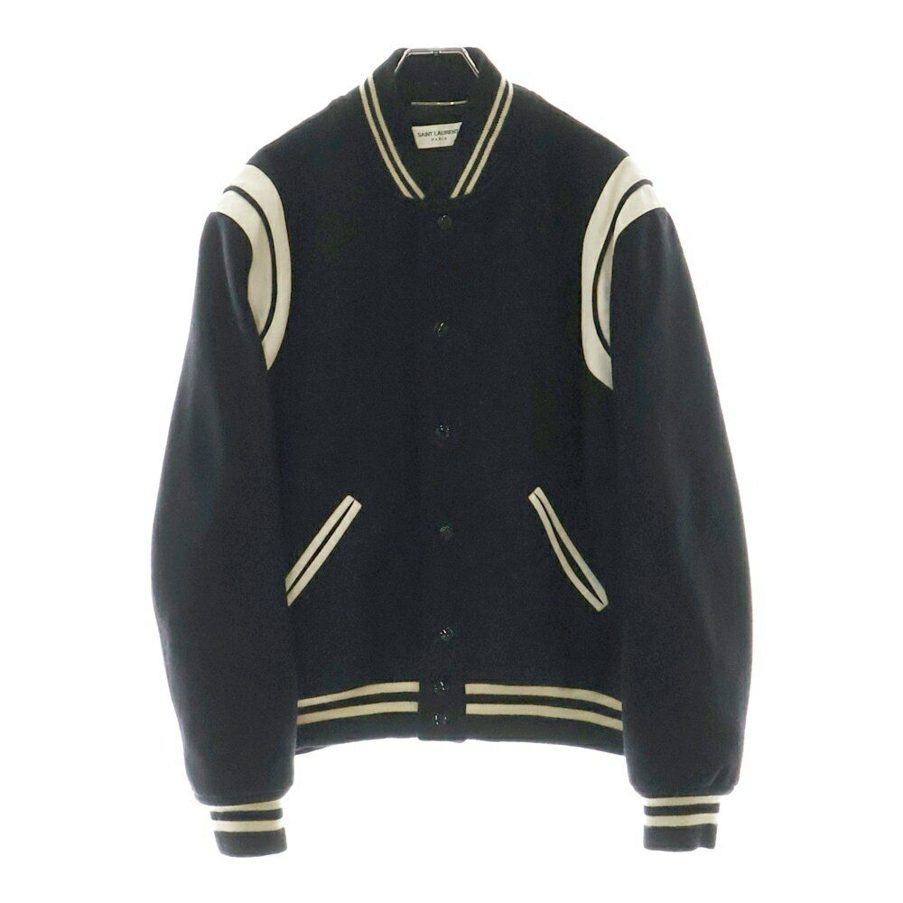 SAINT LAURENT PARIS(サンローランパリ) サイズ:54 TEDDY JACKET テディジャケット レザートリムウールスタジアムジャンパー ブラック×ホワイト 354718 Y180W【中古】【程度A】【カラーブラック】【取扱店舗BRING札幌店】