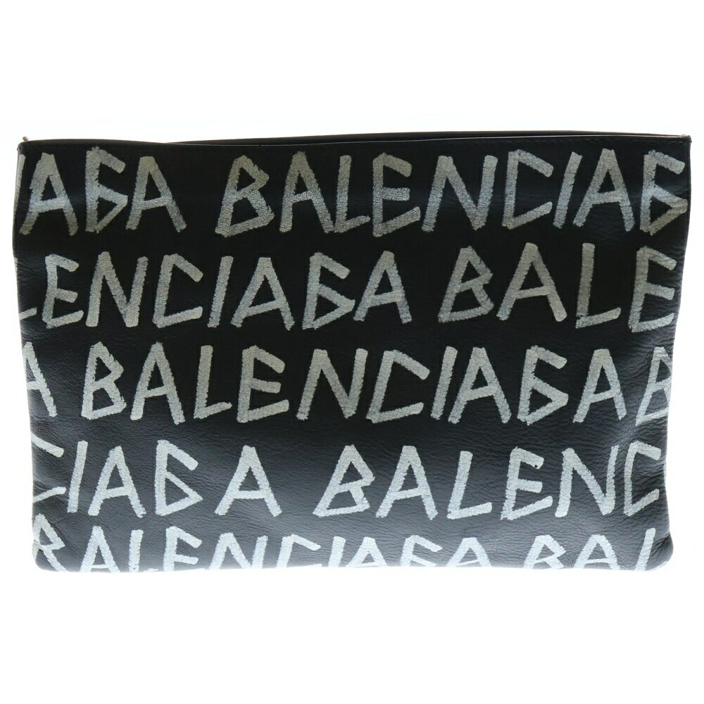 BALENCIAGA(バレンシアガ) Graffiti Clutch Bag グラフィティロゴクラッチバッグ ブラック/ホワイト 494040【中古】【程度B】【カラーブラック】【取扱店舗BRING THRIFT CLOSET 幕張店】