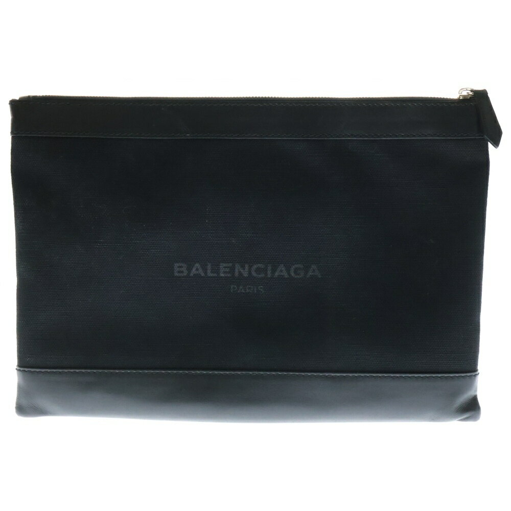 BALENCIAGA(バレンシアガ) レザー切替キャンバスネイビークリップ ロゴプリントクラッチバッグ ブラック 373834【中古】【程度B】【カラーブラック】【オンライン限定商品】