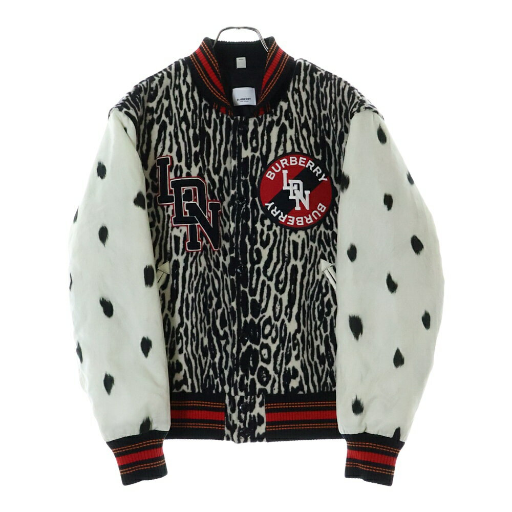 BURBERRY(バーバリー) サイズ:46 20年リゾートコレクション ワッペンロゴウールスタジャン ナイロンスリーブブルゾン ゼブラ×ダルメシアン柄 ブラッ...