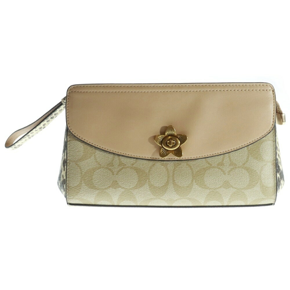 COACH(コーチ) シグネチャー切替 フラワー ターンロック クラッチ バッグ ベージュ レディース A1977-F72997【中古】【程度B】【カラーベージュ】【取扱店舗BRING福岡天神店】