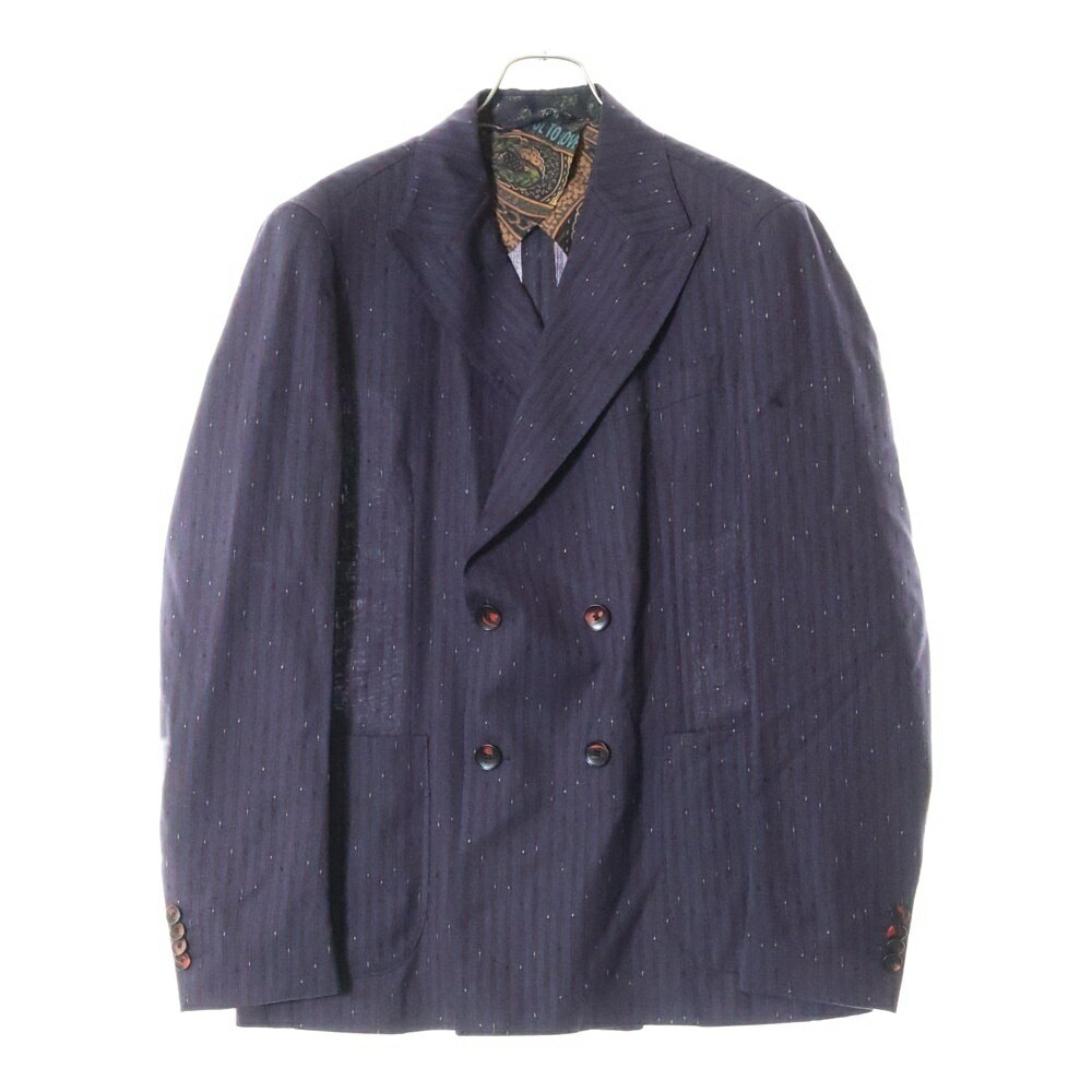 ETRO(エトロ) サイズ:52 19SS セットアップスーツ ストライプ総柄 ウール 4B ダブルブレスト ピークドラペル テーラードジャケット 1タックスラックスパンツ 191-1A100-1140【中古】【程度A】【カラーネイビー】【オンライン限定商品】