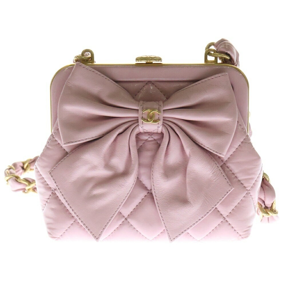 CHANEL(シャネル) CCリボン チェーンクラッチバッグ ピンク レザー ゴールド金具 がま口 財布 ウォレット AP4028【中古】【程度B】【カラーピンク】【取扱店舗BRING：RED新宿東口店】