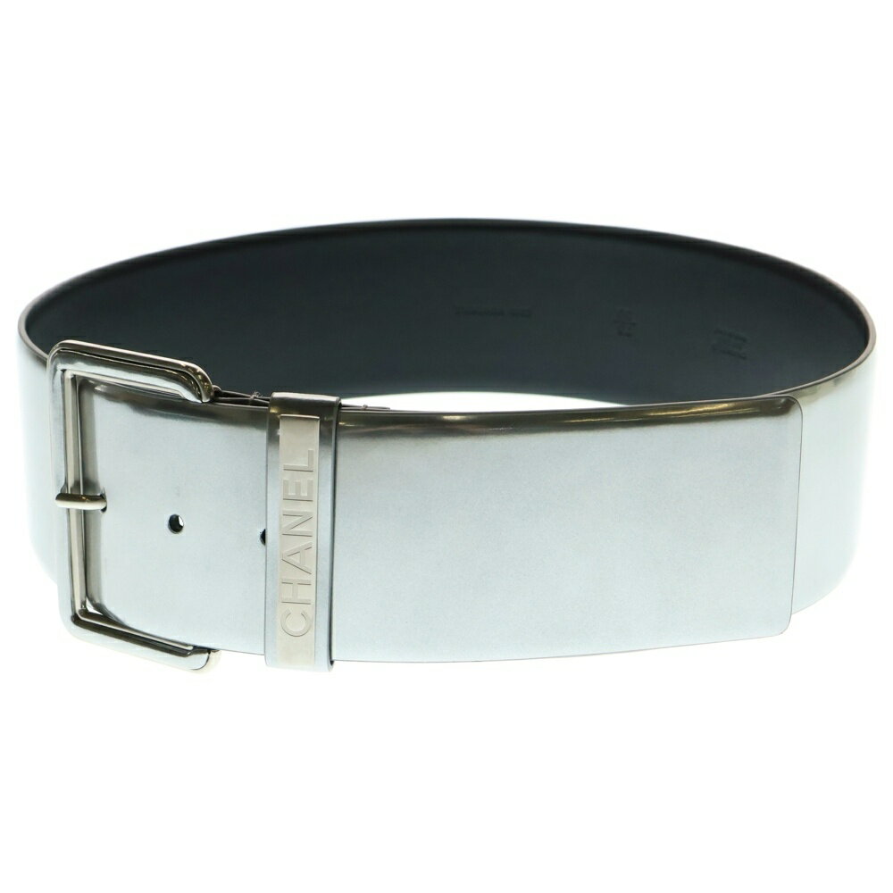 CHANEL(シャネル) サイズ:75 パテントレザー スクエアバックル ロゴプレート ワイドベルト シルバー【..