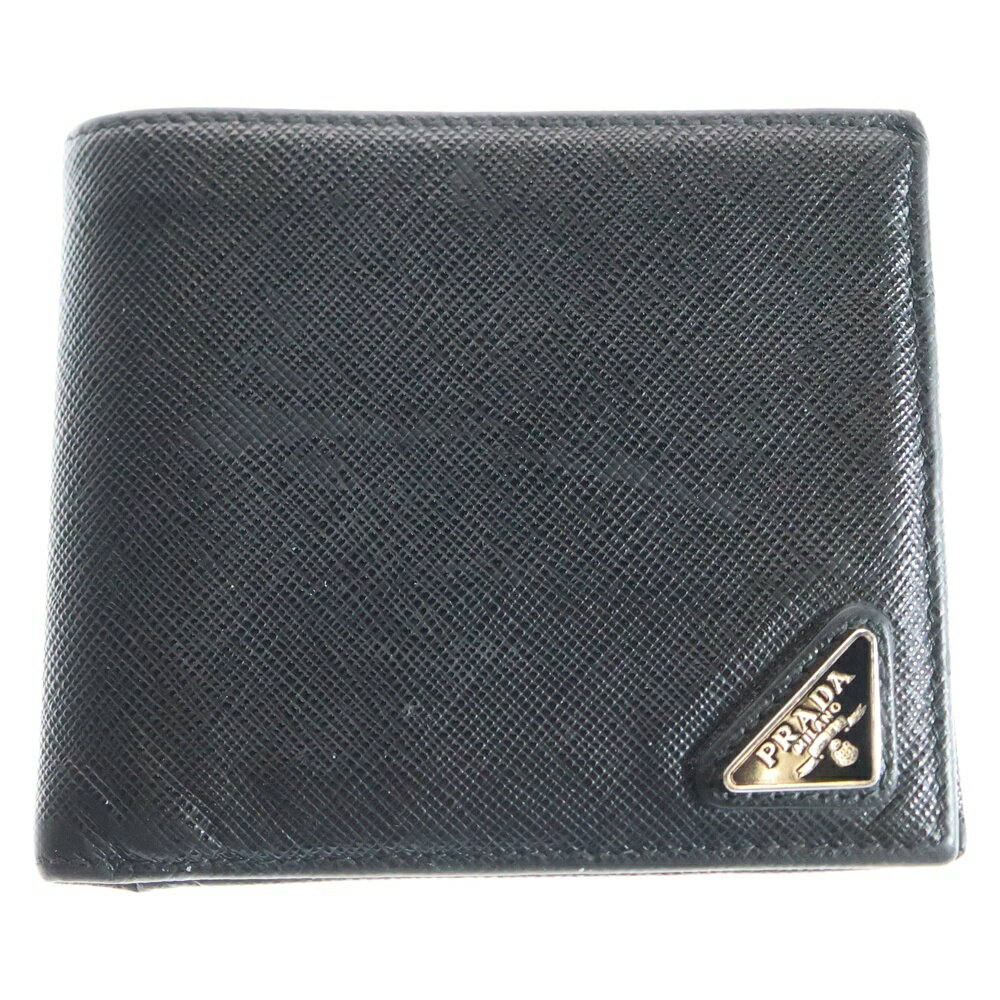 PRADA(プラダ) 二つ折り財布 コンパクトウォレット カードケース コインケース ブラック シルバー金具 レザー【中古】【程度B】【カラーブラック】【取扱店舗BRING京都河原町店】