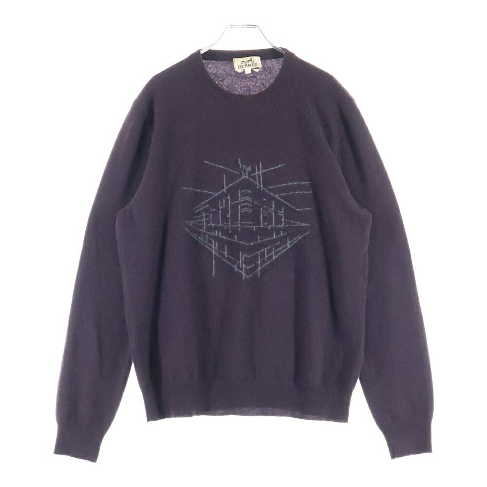 HERMES(エルメス) サイズ:L 15SS カシミヤ フロントデザイン クルーネックニットセーター ブラウン【中..