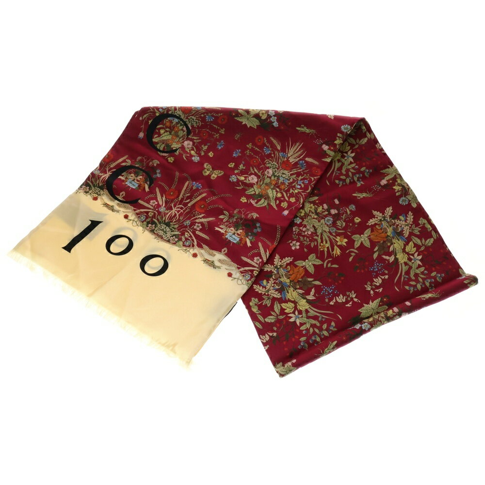 GUCCI(グッチ) 100周年記念 フラワー総柄 シルク ストール ボルドー 692228【中古】【程度B】【カラーレッド】【オンライン限定商品】