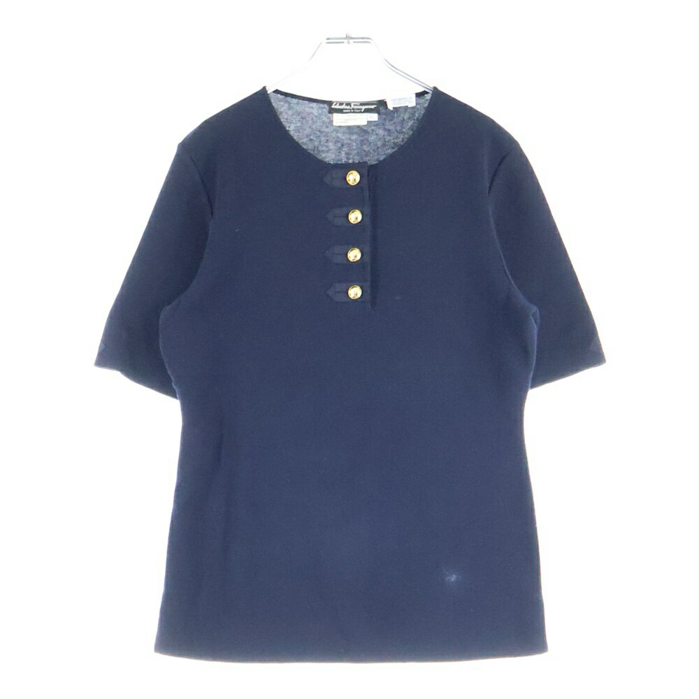 FERRAGAMO(フェラガモ) サイズ:XL ゴールドボタン クルーネック ハーフスリーブ 五分袖 コットンニット..