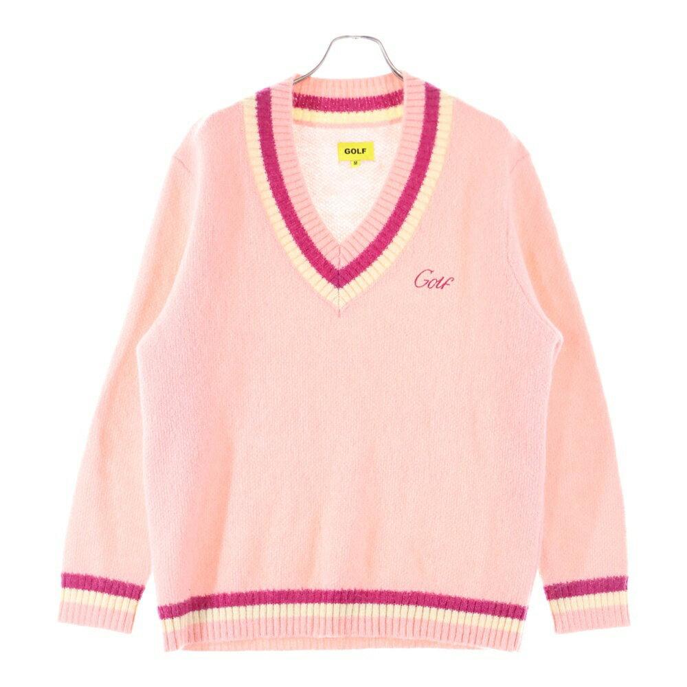 GOLF WANG(ゴルフワン) サイズ:M ロゴ刺繍 モヘア混 Vネック ニット セーター ピンク【中古】【程度B】【カラーピンク】【オンライン限定商品】