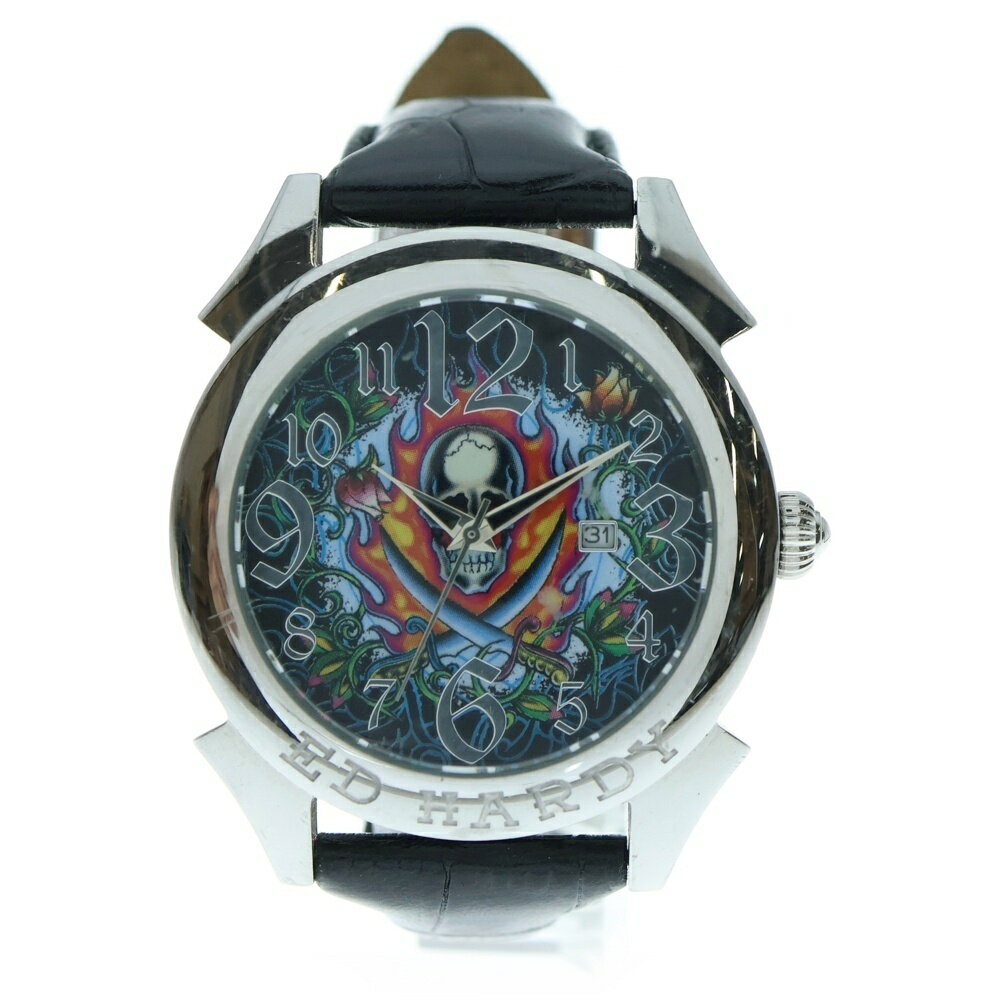 Ed Hardy(エドハーディー) スカルデザイン ロゴ刻印 クロコ型押しレザー ベルト クォーツウォッチ 腕時..