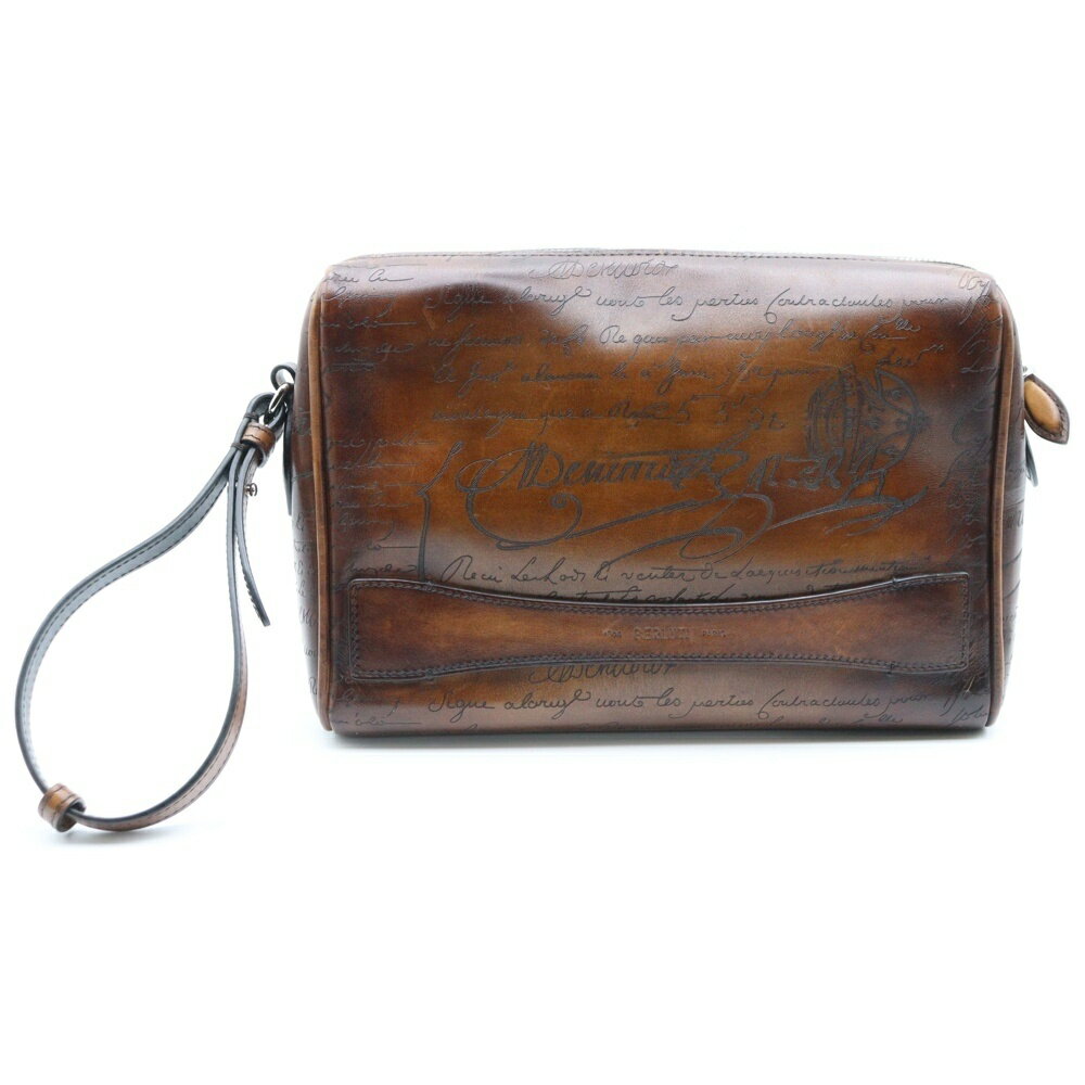 Berluti(ベルルッティ) ローズウッド スクリットレザー ポーチ クラッチバッグ ブラウン レザー【中古..