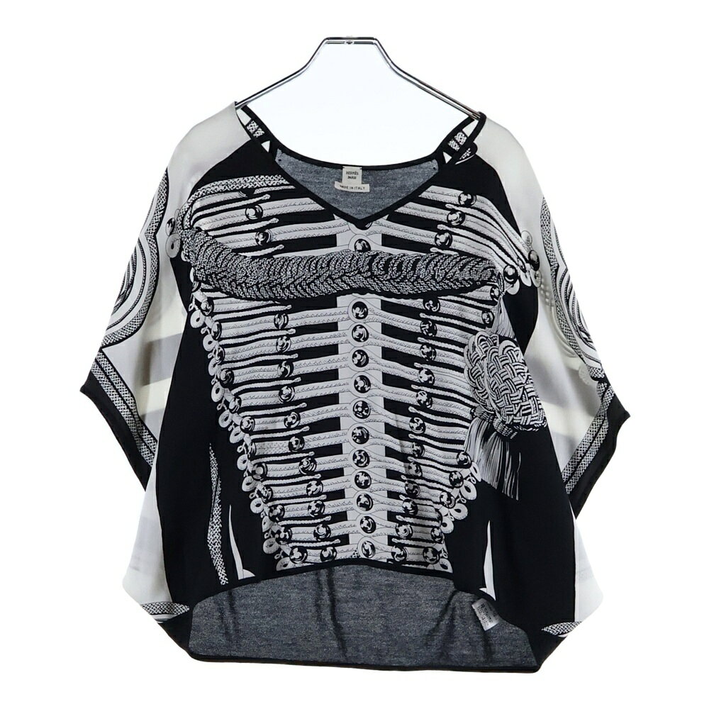 HERMES(エルメス) サイズ:38 ツイルレーヌ ナポレオンジャケット柄 シルクスカーフ切り替え Vネック カシミヤニット トップス カットソー ブラック/ホワイト レディース【中古】【程度B】【カラーブラック】【取扱店舗BRING心斎橋店】