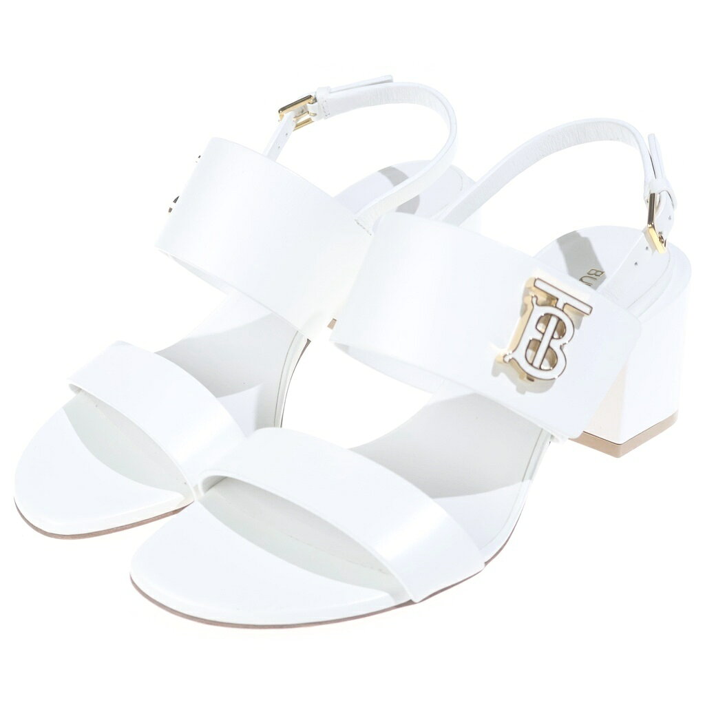 BURBERRY(バーバリー) サイズ:36W ヒールレザーサンダル ロゴ ゴールド金具 ホワイト【中古】【程度A】【カラーホワイト】【オンライン限定商品】