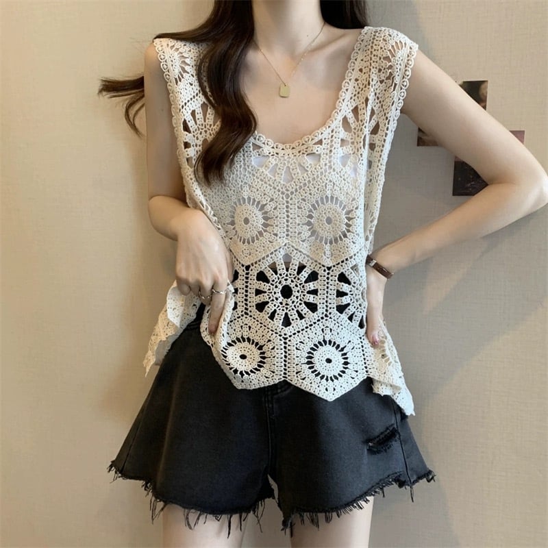 送料無料 お花 モチーフ かぎ針編み キャミ ミモレ ベスト ゆったり 体型カバー きれいめ