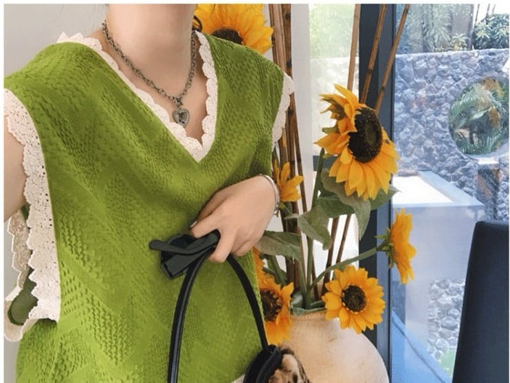 送料無料 お花 モチーフ かぎ針編み キャミ ミモレ ベスト ゆったり 体型カバー きれいめ