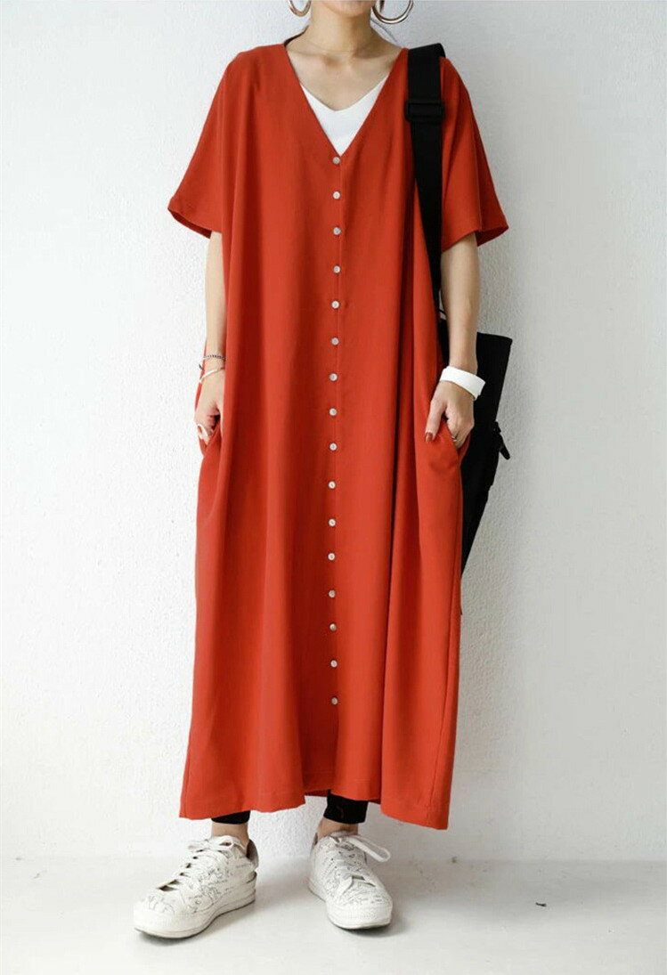 送料無料 マキシワンピース ワンピース レディース きれいめ シャツワンピース 半袖 バルーン マキシ丈 vネック ロング ミモレ丈 ゆったり 体型カバー チュニックワンピース マーメイドワンピース 春 夏 秋 カジュアル ナチュラル ブラック ブラウン レッド M L XL