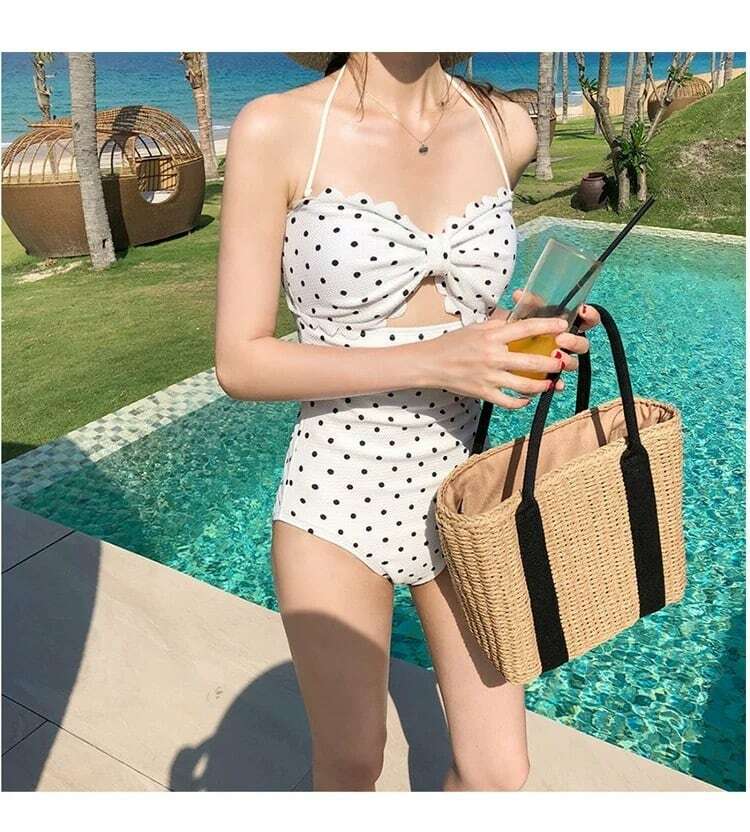 水着 ワンピース レディース セクシー 白 オールインワン バックシャン バックフリル Vネック ドット柄 おしゃれ かわいい バックリボン 大人 ノンワイヤー パッド付き 小胸 バスト 盛れる ウエスト カバーアップ ドット柄 M L XL