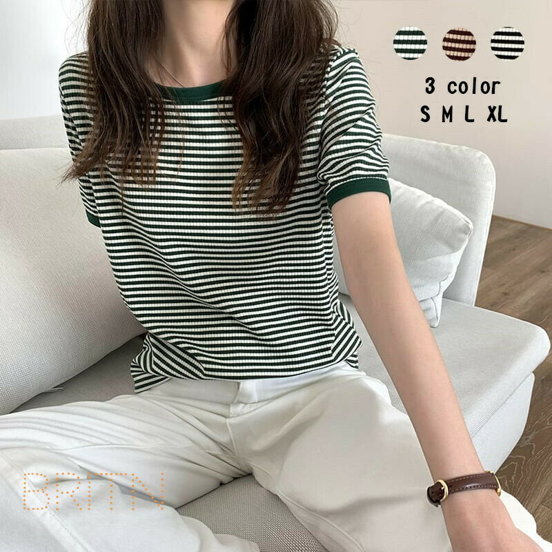 クルーネック 細ボーダー Tシャツ 半袖 カットソー 袖折り返し シンプル レイヤード 重ね着 きれいめ カジュアル ガーリー 春夏 韓国ファッション コーヒー ブラック グリーン S M L XL