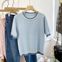 配色半袖ニットトップス 送料無料 レディース トップス 半袖 ショートスリーブ カットソー 無地 春夏 ショート丈 かわいい おしゃれ カジュアル きれいめ