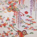 【中古】正絹(シルク)日本製 生成り地に御所どきに絞り小菊花織り紋様尽くし綸子反物はぎれ【絹光沢ビンティージ軽量地・小菊織り文様】[1個サイズ布幅約36cm×1...
