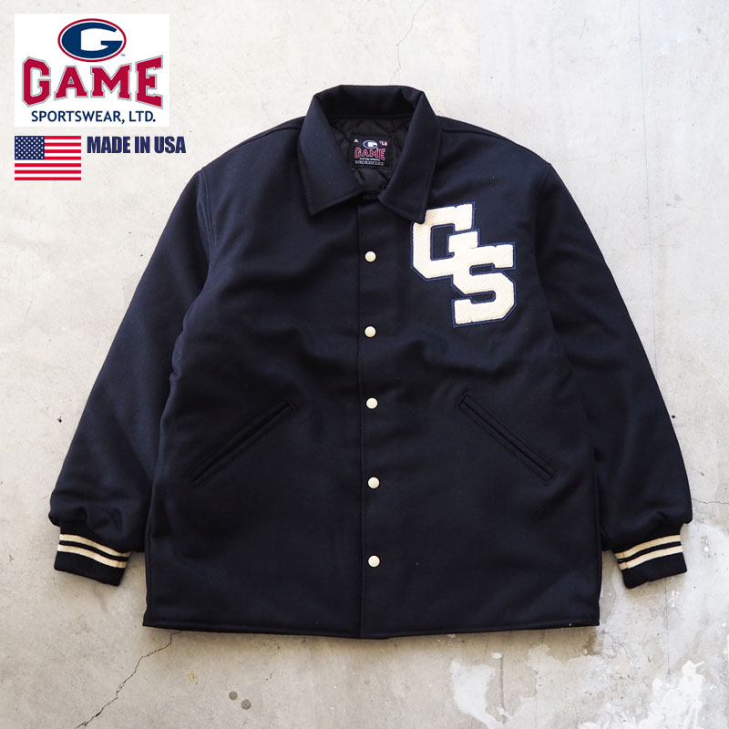 楽天GOOD HOLIDAY グッドホリデイゲーム スポーツウェア スタジャン USA製 GAME SPORTSWEAR THE STADIUM SURCOAT 5150-2F メンズ ジャケット コート ウール バーシティージャケット バーシティ キルティング 中綿 アウター ネイビー GS ワッペン カスタム 刺繍 アメカジ オーバーサイズ