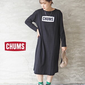 チャムス ワンピース CHUMS レディース 長袖 CHUMS Logo L/S T-Dress CH18-1223 長袖ワンピ ロングスリーブ ドレス ロゴ プリント ブラック ホワイト ミモレ丈 綿 コットン カジュアル アウトドア キャンプ