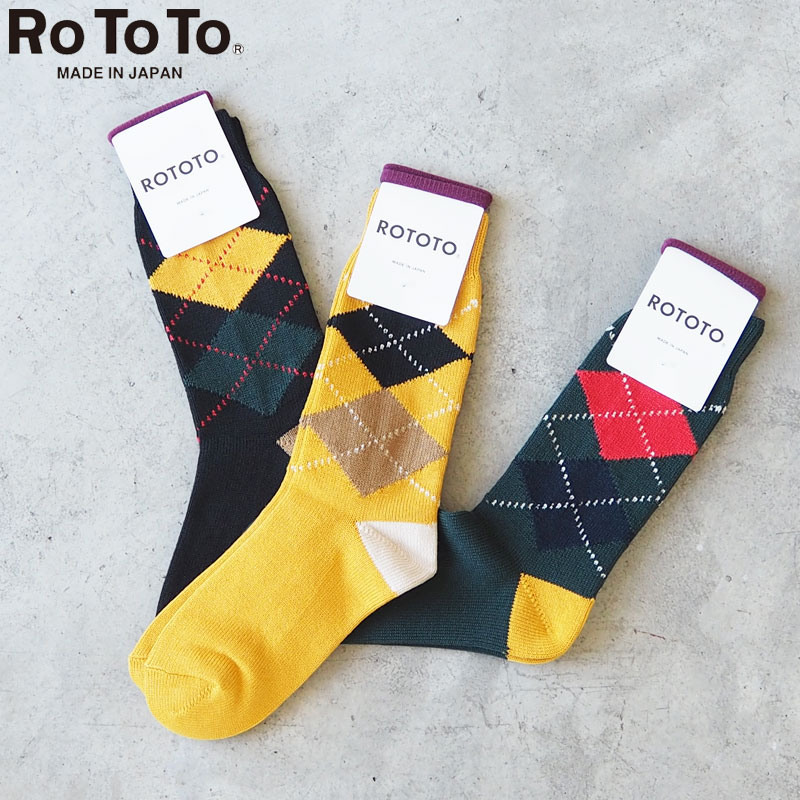 rototo 靴下 メンズ ロトト RoToTo 靴下 ソックス メンズ レディース ARGYLE CREW SOCKS R1439 メール便可 クルーソックス アーガイル 柄 くつした 日本製 コットン 綿 オーガニック プレゼント ギフト 黒 緑 黄 ブラック グリーン おしゃれ カジュアル ナチュラル