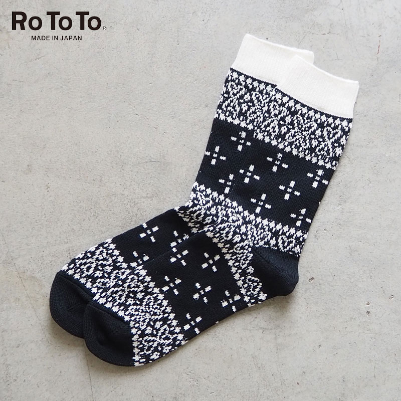 rototo 靴下 メンズ ロトト 靴下 ソックス メンズ レディース RoToTo BANDANA PATTERN CREW SOCKS R1397 メール便可 クルーソックス ペイズリー バンダナ 柄 総柄 くつした ブラック 黒 モノクロ 日本製 コットン 綿 オーガニック プレゼント ギフト おしゃれ カジュアル ナチュラル