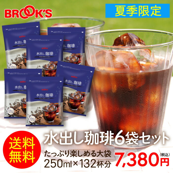 送料無料 季節限定 コーヒー 水出しコーヒー アイスコーヒー 水出し珈琲6袋（1袋22個入り×6）セット 無糖 珈琲 コールドブリュー 3時間で完成 ブルックス BROOK 039 S BROOKS