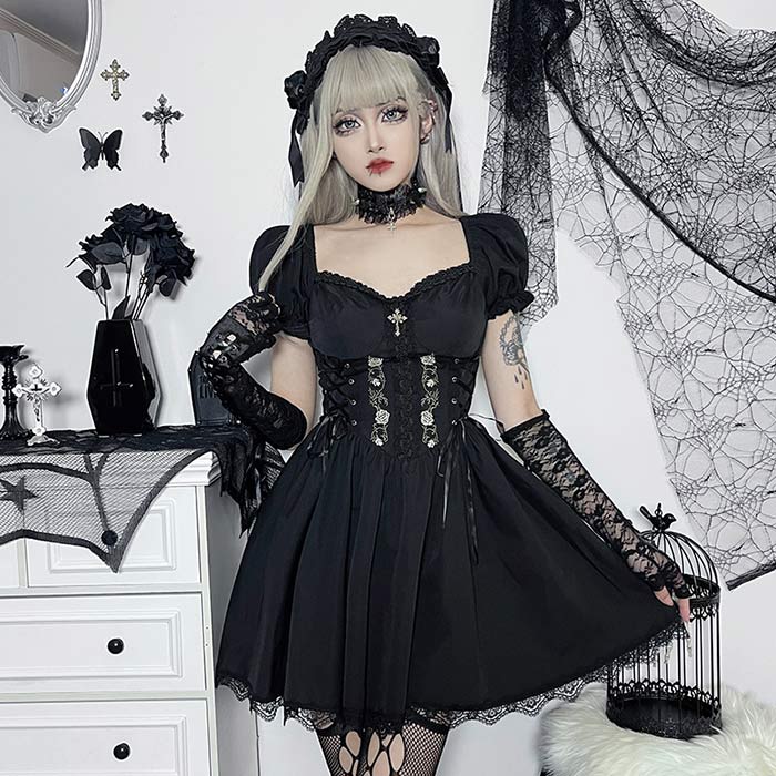乐天商城 - ワンピース ゴスロリ 黒 ドレス 衣装 服 ゴシック ロリータ ゴス パンク ファッション ロック V系 セクシー レディース ライブ 舞台 コスチ コスプレ ステージ