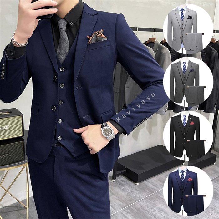 スーツ 3ピーススーツ メンズ S-5XL シングルスーツ フォマール ビジネススーツ 洋服 テーラードジャケット スラックス ベスト スリム 長袖 パーティー カジ タキシード 無地 結婚式