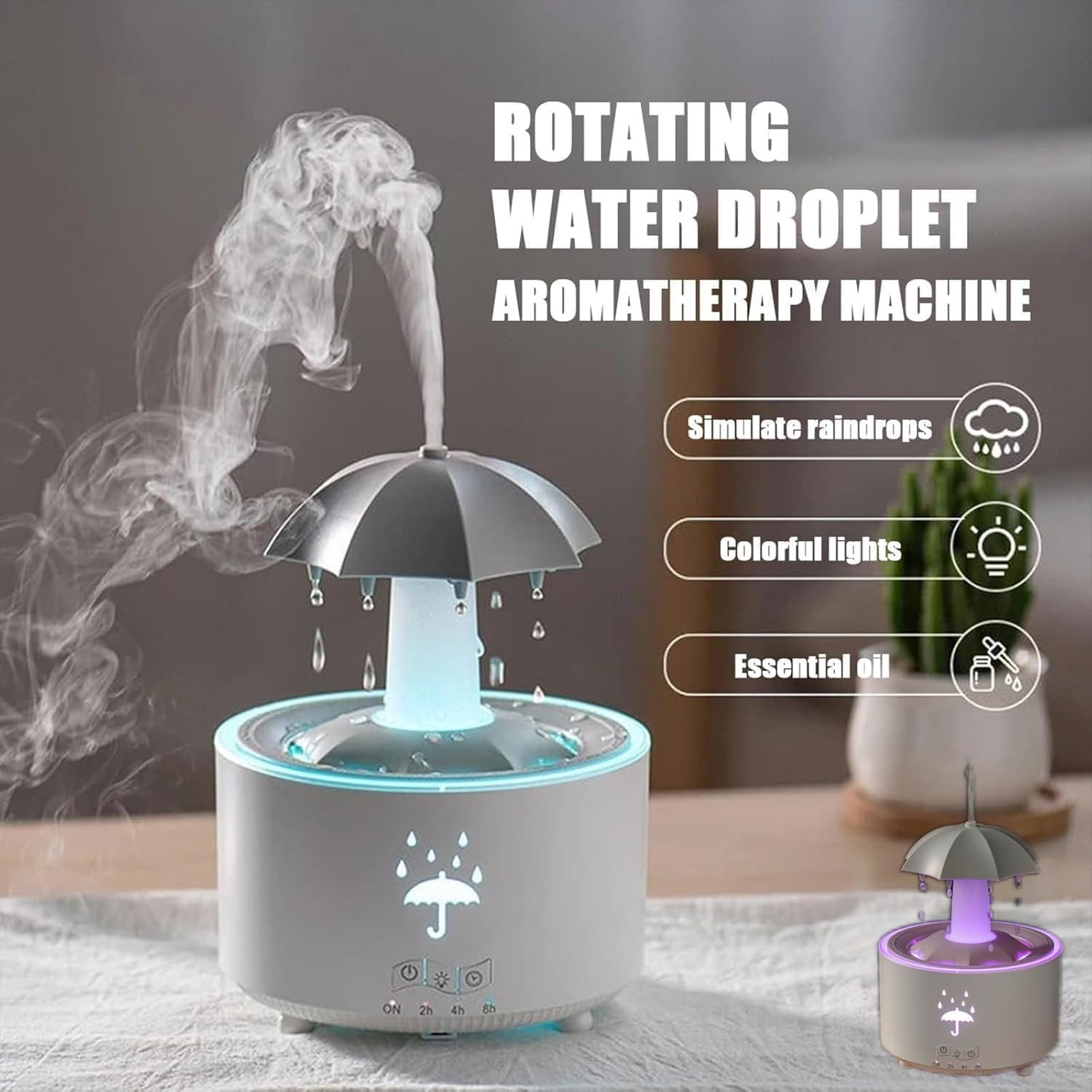 乐天商城 - アロマ加湿器 レイン加湿器 傘ディフューザー リモコン付 7色LED回転アロマディフューザー タイマー設定 家 装飾用 傘型加湿器 読書 瞑想 個人用 寝室 お インテリア コンパクト 部屋