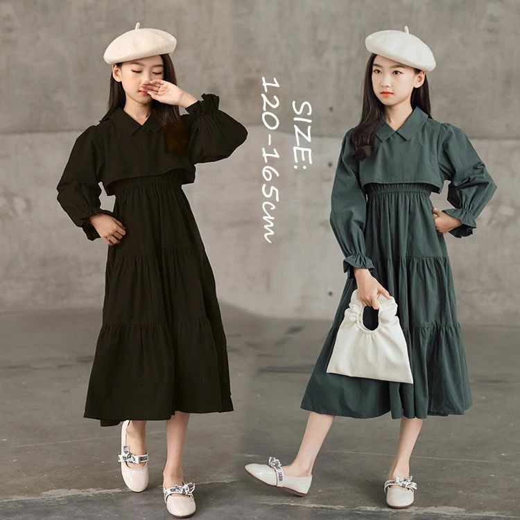 乐天商城 - 韓国子供服 ワンピース 女の子 女児 ママ レディース ロング丈ワンピース 長袖 春秋冬 おしやれ 可愛い 無地 キッズ ことも服 グリーン ブラック Aラインワンピース ジュニア服