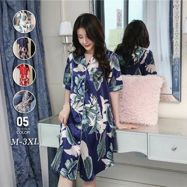 パジャマ レディース 春 夏 半袖 全5色 ネグリジェ ルームウェア ワンピース 総柄 前開き シルク ネグリジェ 送料無料 シルク 女性用 ルームウエア 刺繍...