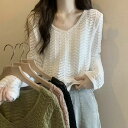 透かし編みニット メッシュニット 春秋冬 レディース ニットトップス 大人カジュアル プルオーバー 長袖 韓国ファッション レイヤード ゆったり フェミニン(4)
