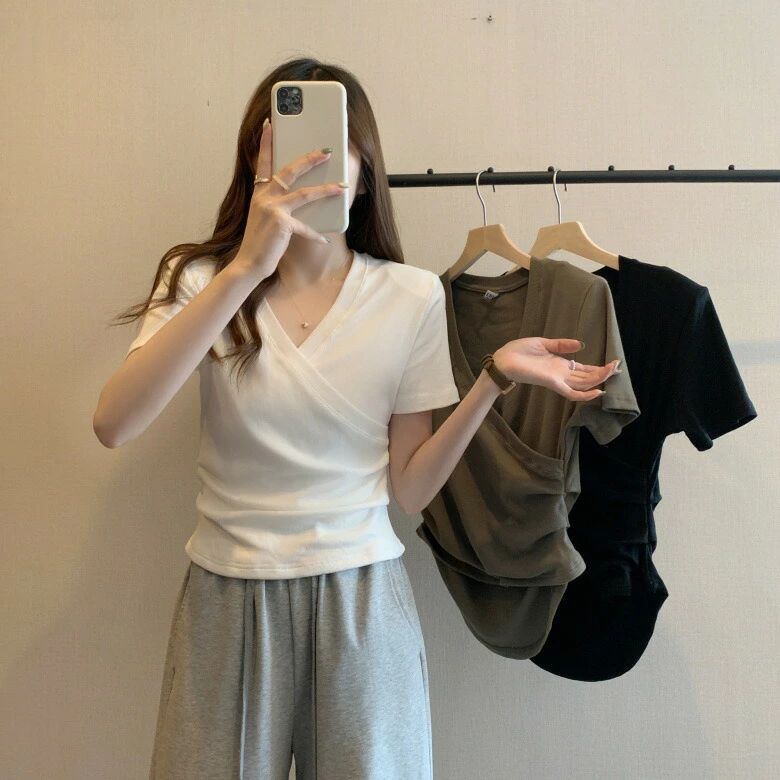 クロスVネック半袖Tシャツ女性デザイン感スリムスリムショート丈学生スリムトップス