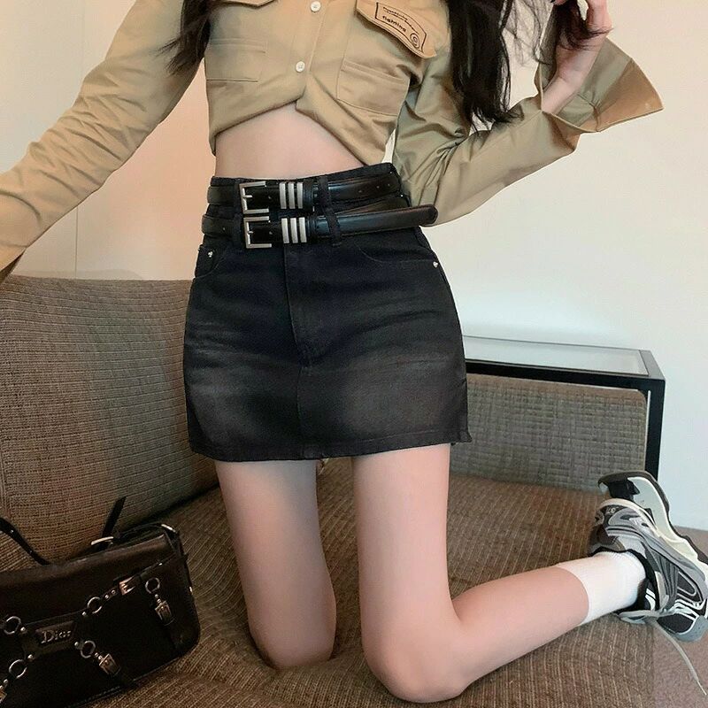 レトロなデニム半身スカートレディースベルトハーフスカートハイウエストスリムスカートヒップスカート