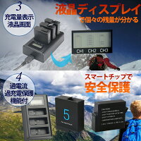GoProHERO5用高品質バッテリー2個+充電量表示機能搭載充電器セット/過電流過充電保護機能付き